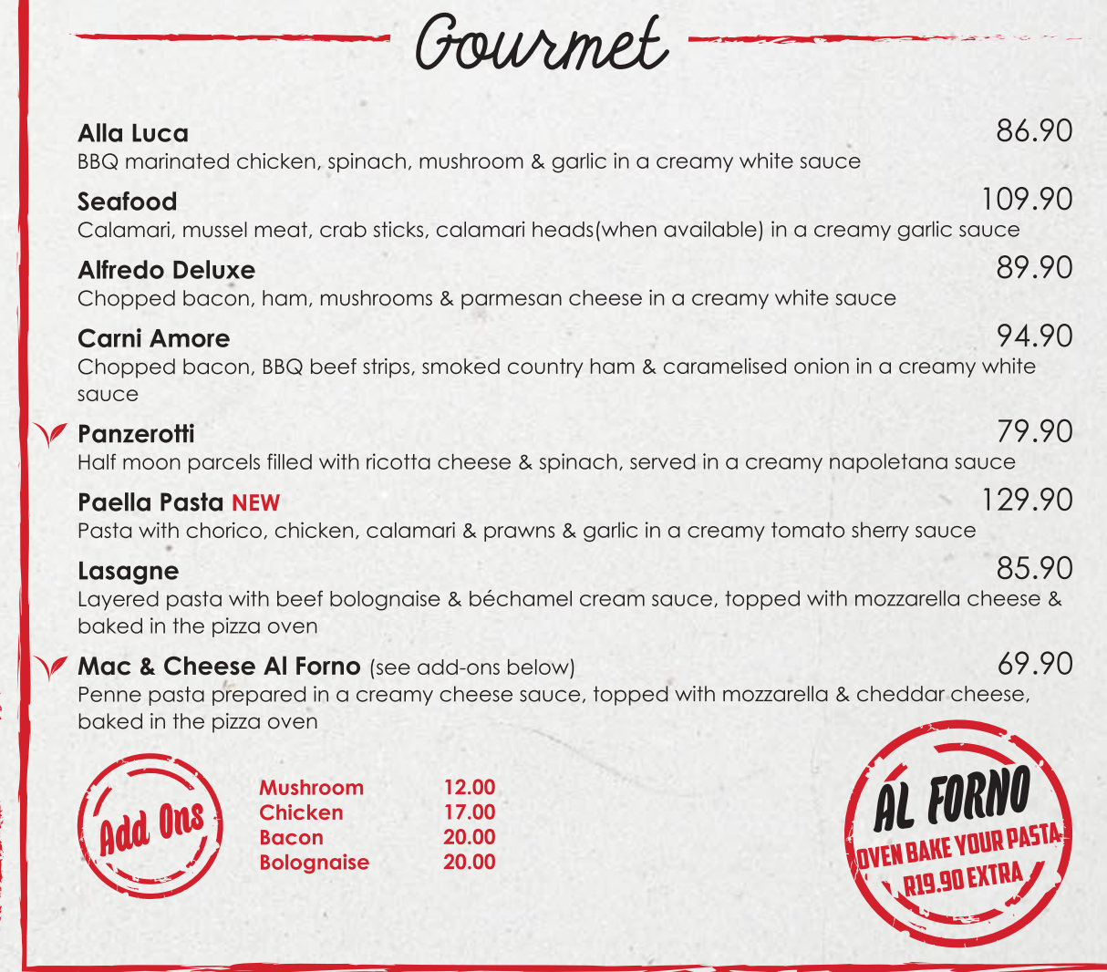 Mimmos Gourmet Pastas Menu