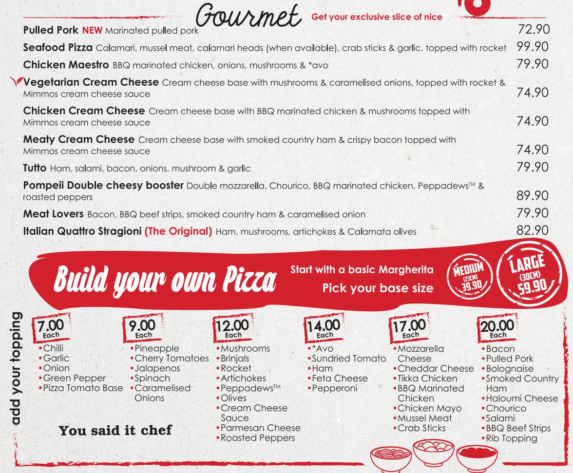 Mimmos Gourmet Pizzas Menu