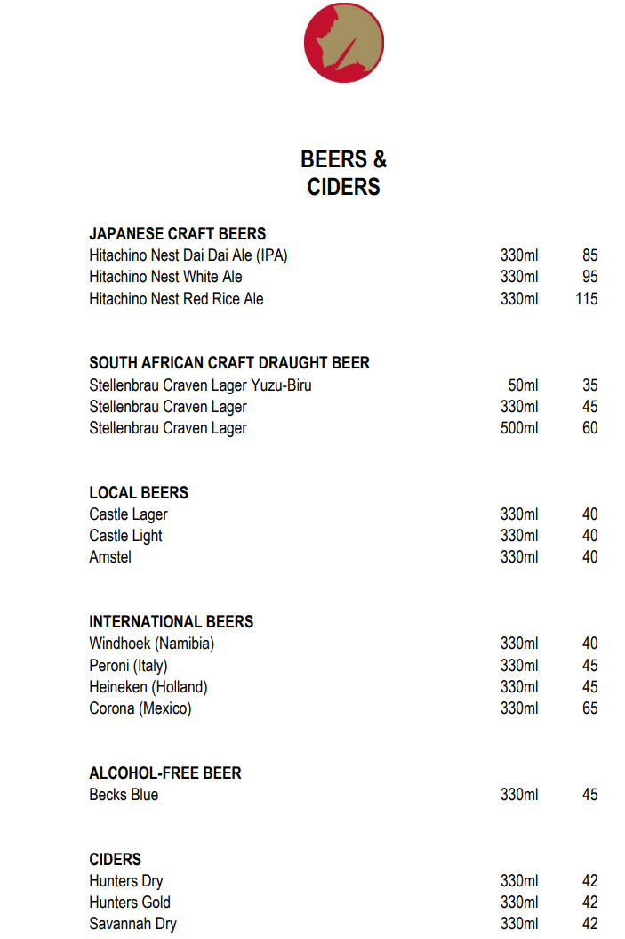 Nobu Cape Town Beer Menu