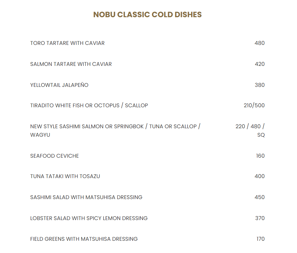 Nobu Cape Town Classic Cold Dishes Menu