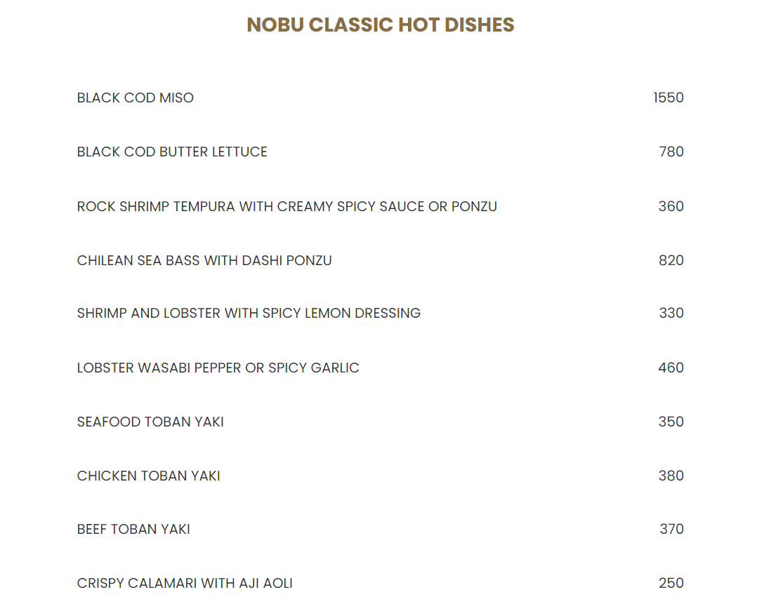 Nobu Cape Town Classic Hot Dishes Menu