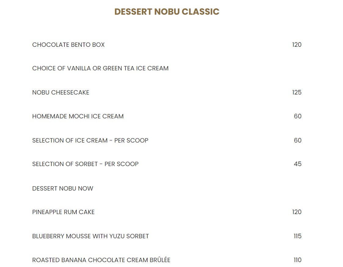 Nobu Cape Town Dessert Classic Menu