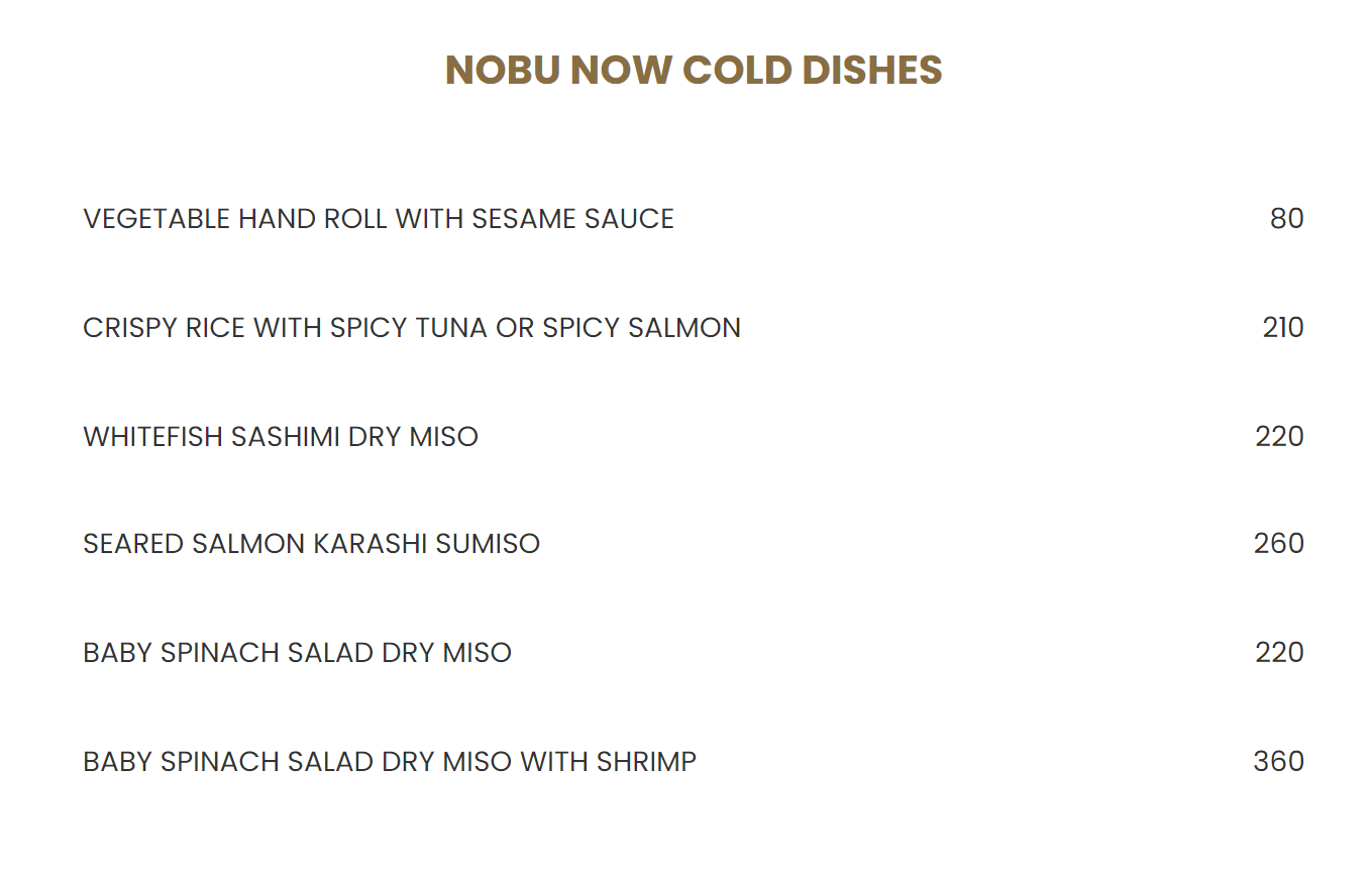 Nobu Cape Town Now Cold Dishes Menu