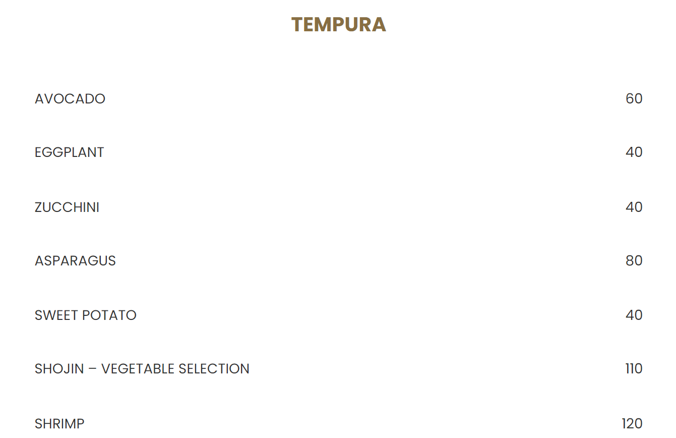 Nobu Cape Town Tempura Menu