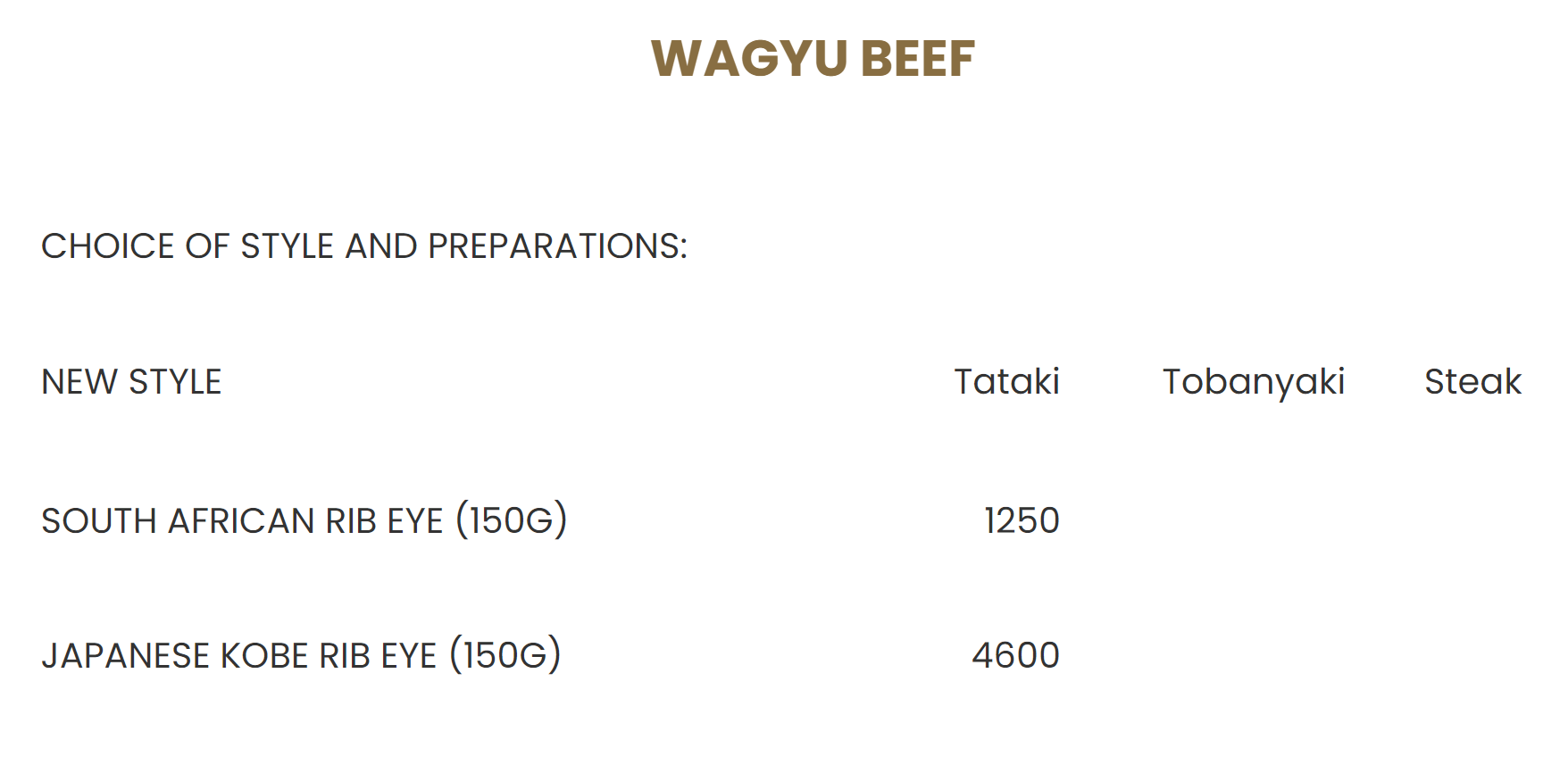 Nobu Cape Town Wagyu Beef Menu