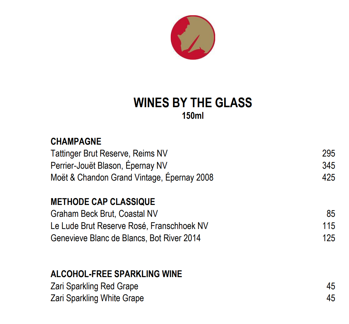 Nobu Cape Town Wine by the Glass Menu