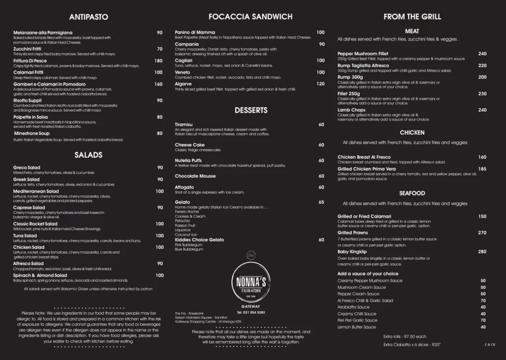 Nonna’s Italian Kitchen Sandton Menu South Africa