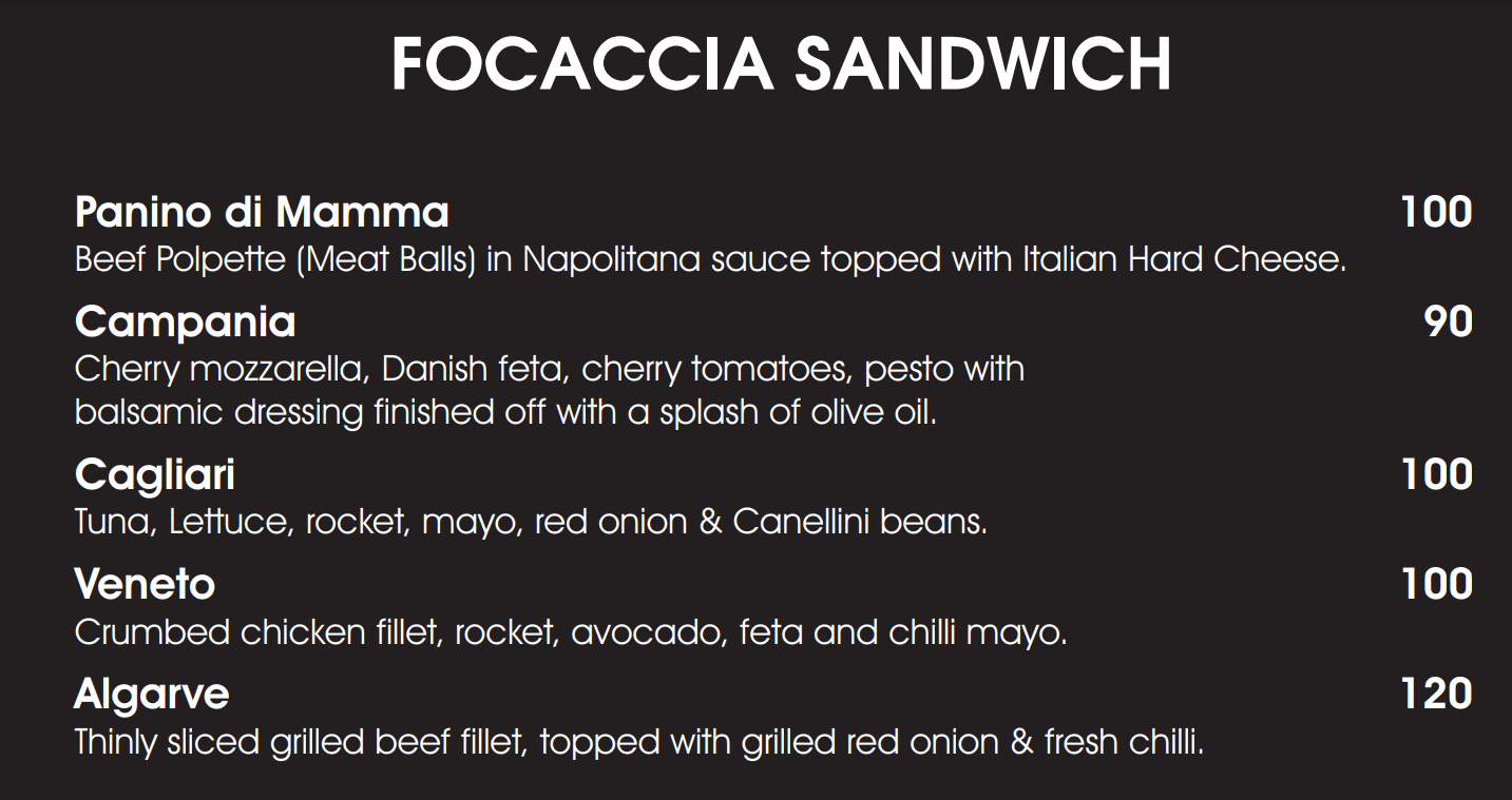 Nonna’s Italian Kitchen Sandton Nonna’s Freshly Baked and Focaccia Sandwich Menu 