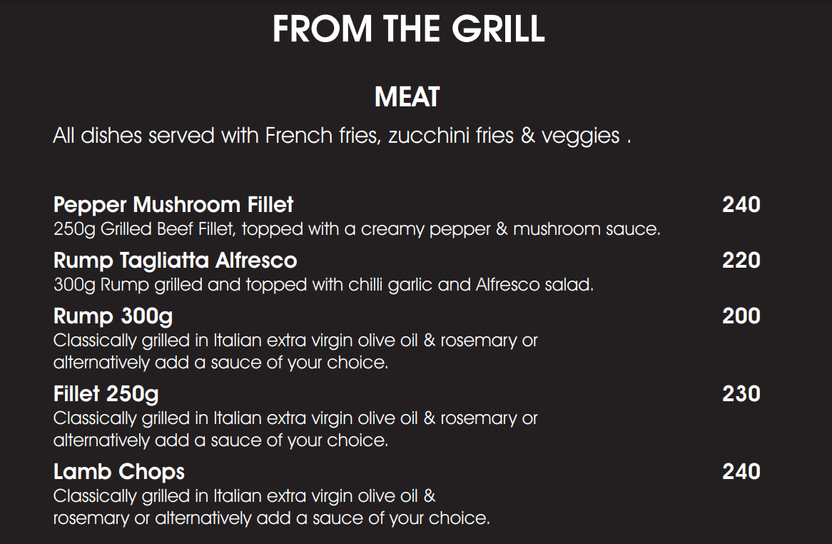 Nonna’s Italian Kitchen Sandton Nonna’s From The Grill – Meat Menu 