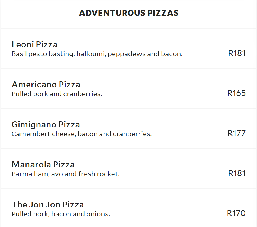 Pantellis Adventurous Pizza Menu