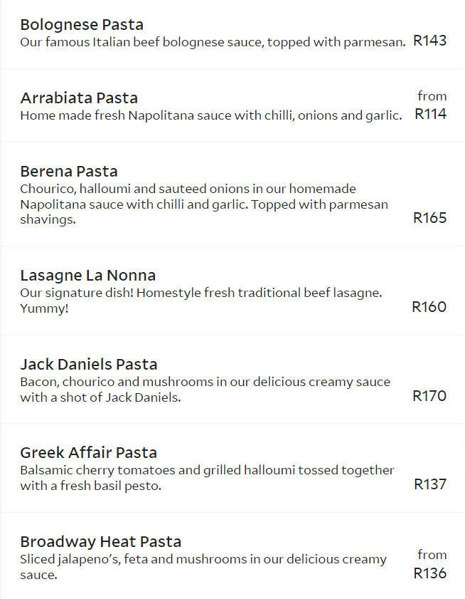 Pantellis Pasta Menu