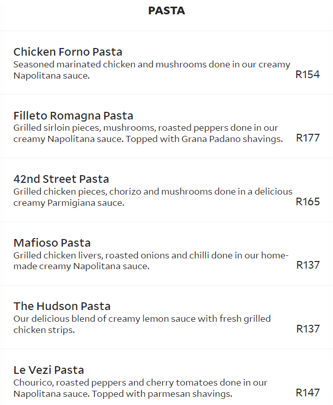 Pantellis Pasta Menu