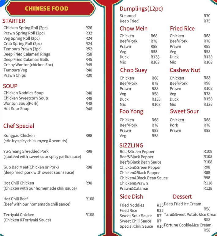 Sakura Chinese Meals Menu 