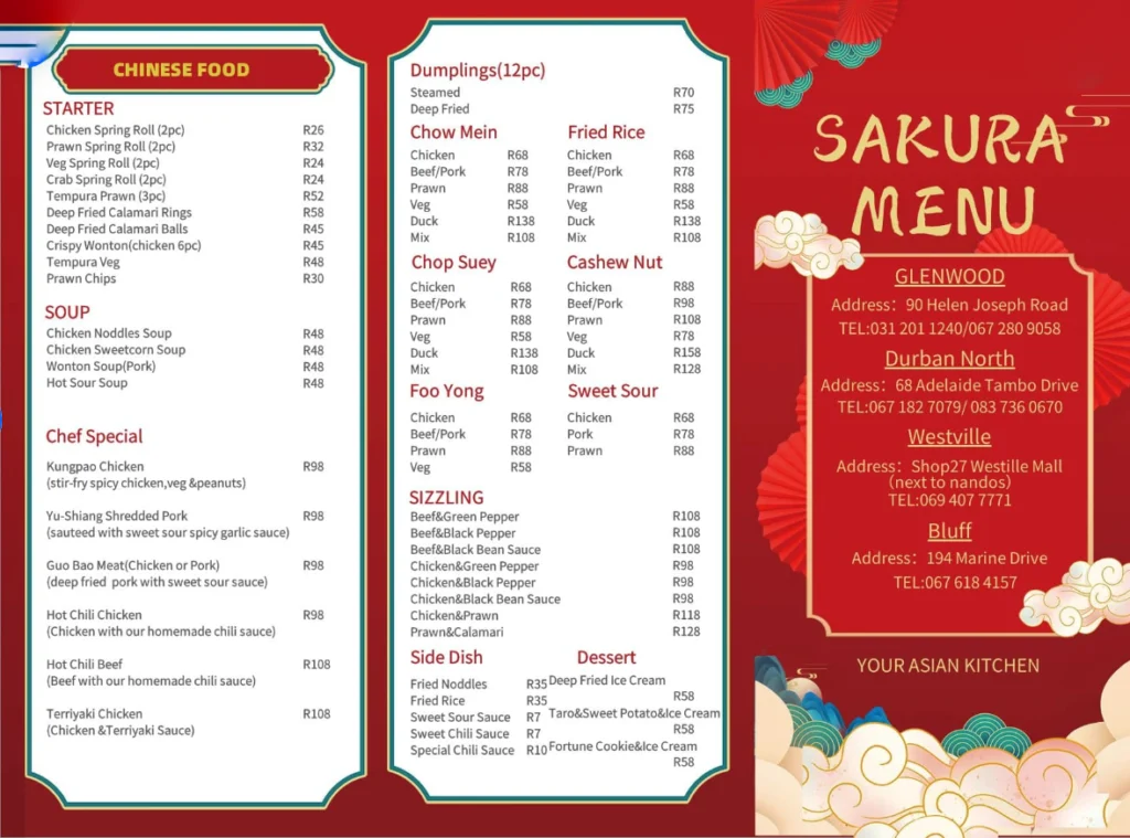 Sakura Menu South Africa