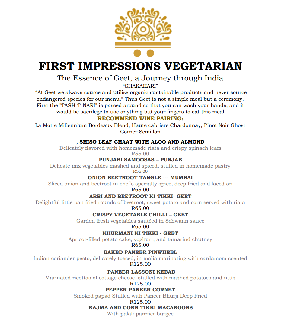 Geets First Impressions – Vegetarian Menu