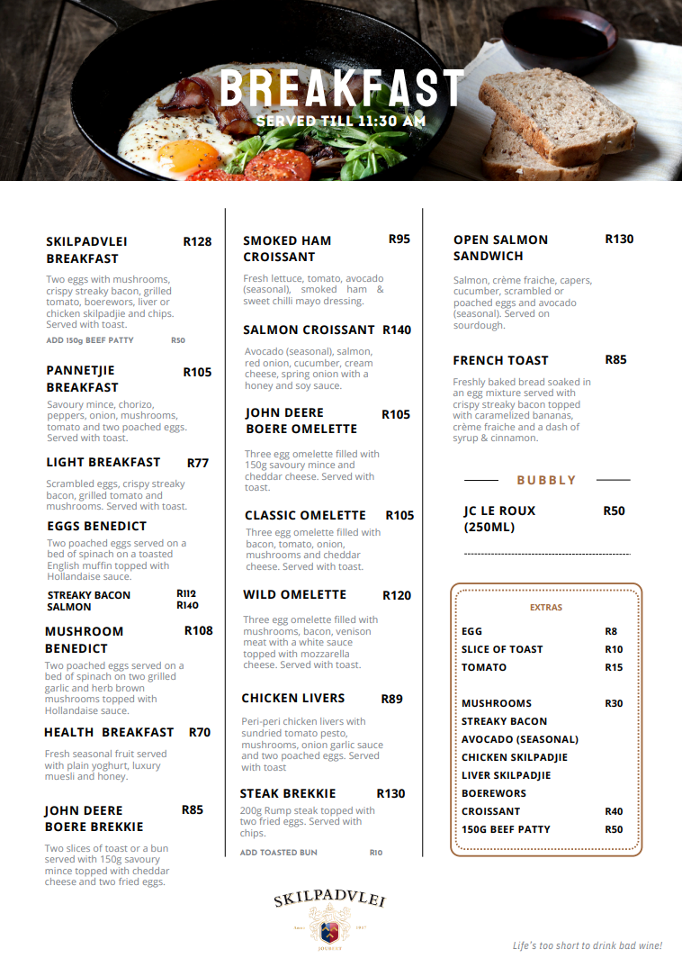 Skilpadvlei Breakfast Menu