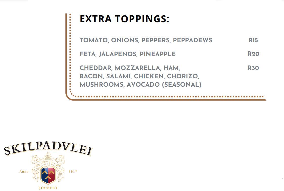 Skilpadvlei Extra Toppings Menu