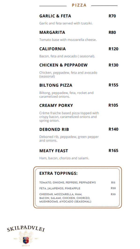 Skilpadvlei Pizza Menu