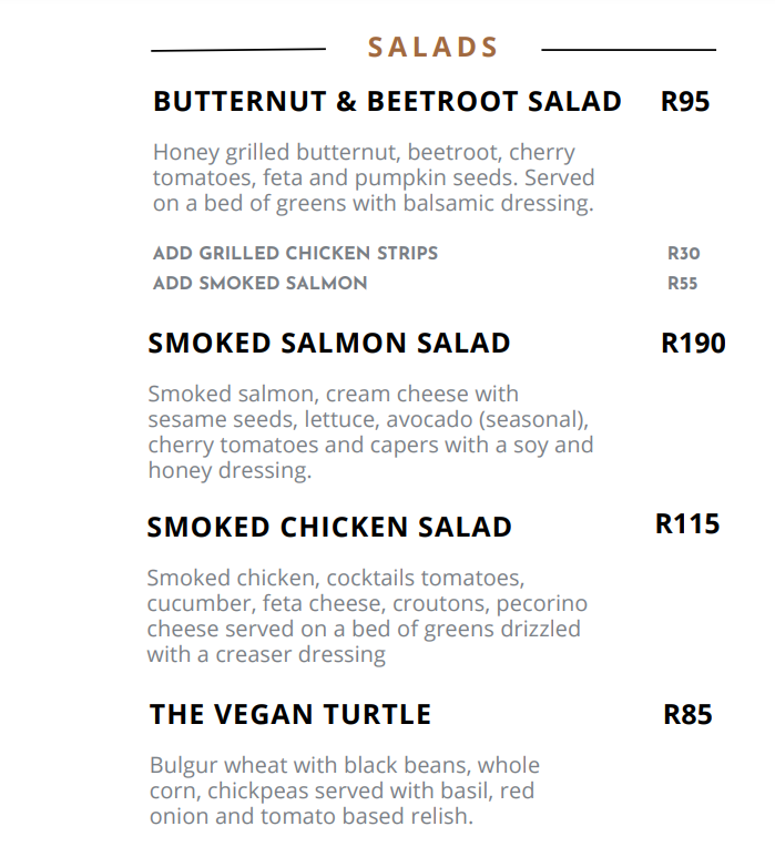 Skilpadvlei Salads Menu