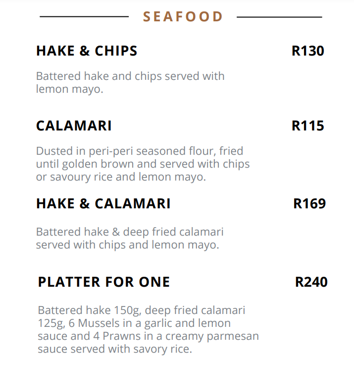 Skilpadvlei Seafood Menu