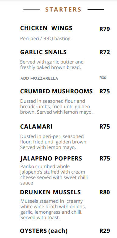 Skilpadvlei Starters Menu