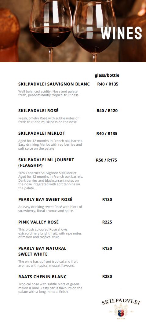 Skilpadvlei Wines Menu