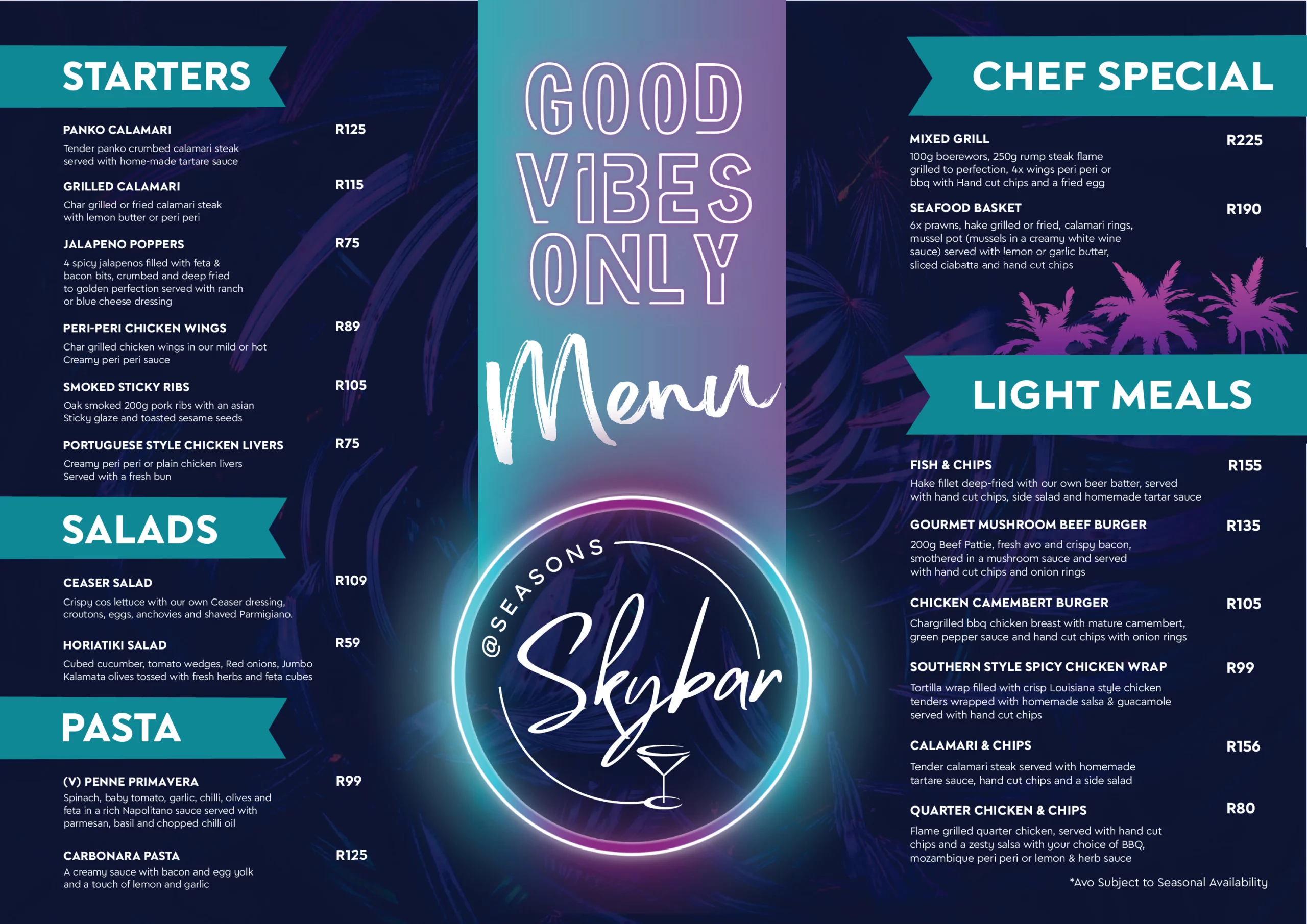 Skye Rooftop Bar And Restaurant Menu South Africa