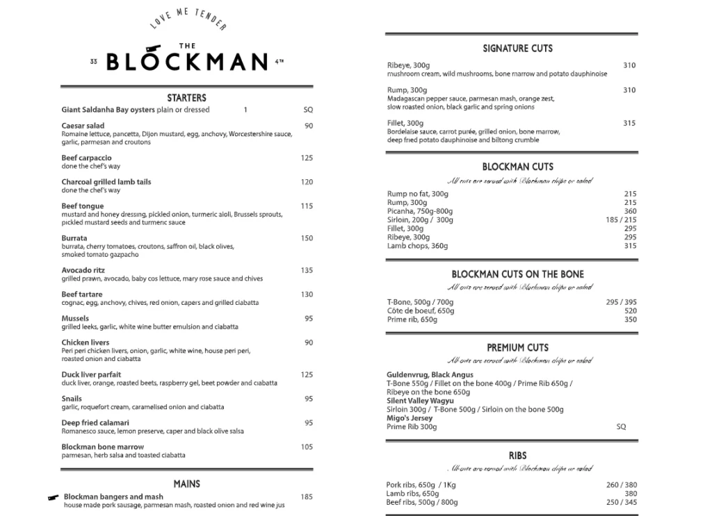 The Blockman Menu South Africa