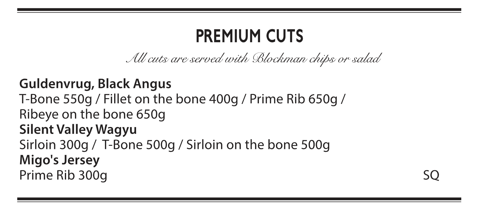 The Blockman Premium Cuts Menu 