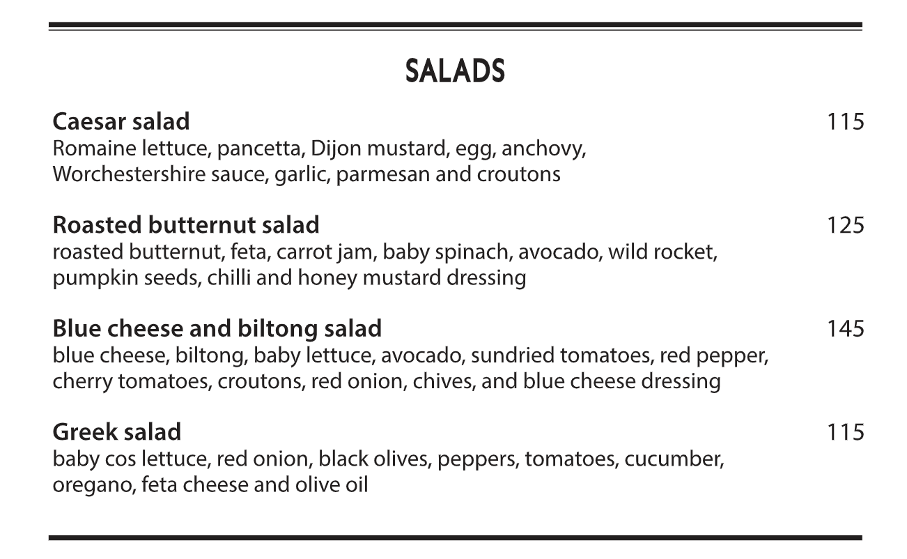 The Blockman Salads Menu 