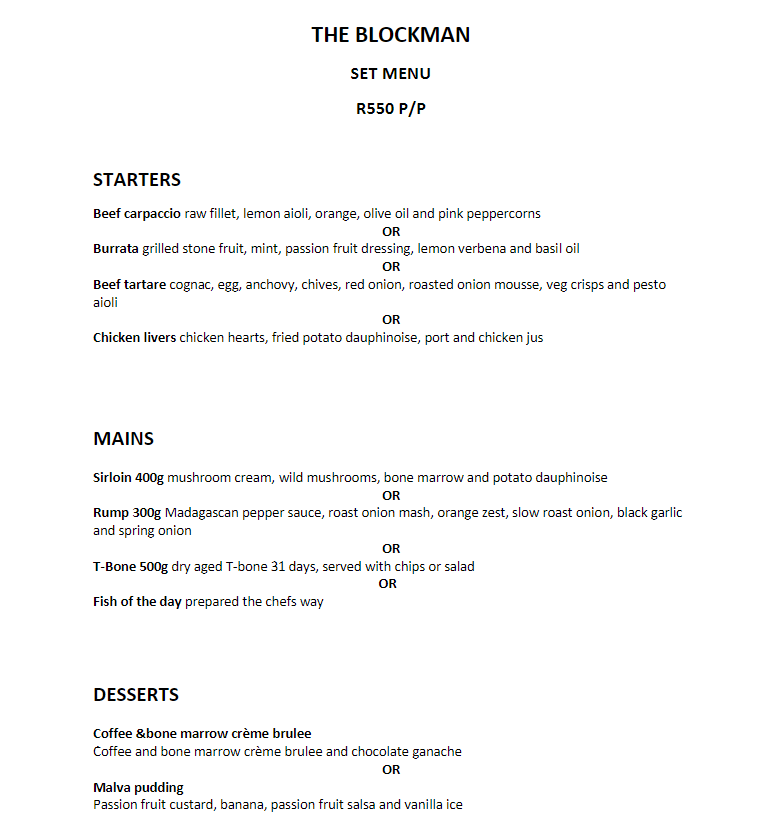 The Blockman Set Menu 1 – R550 P/P Menu 