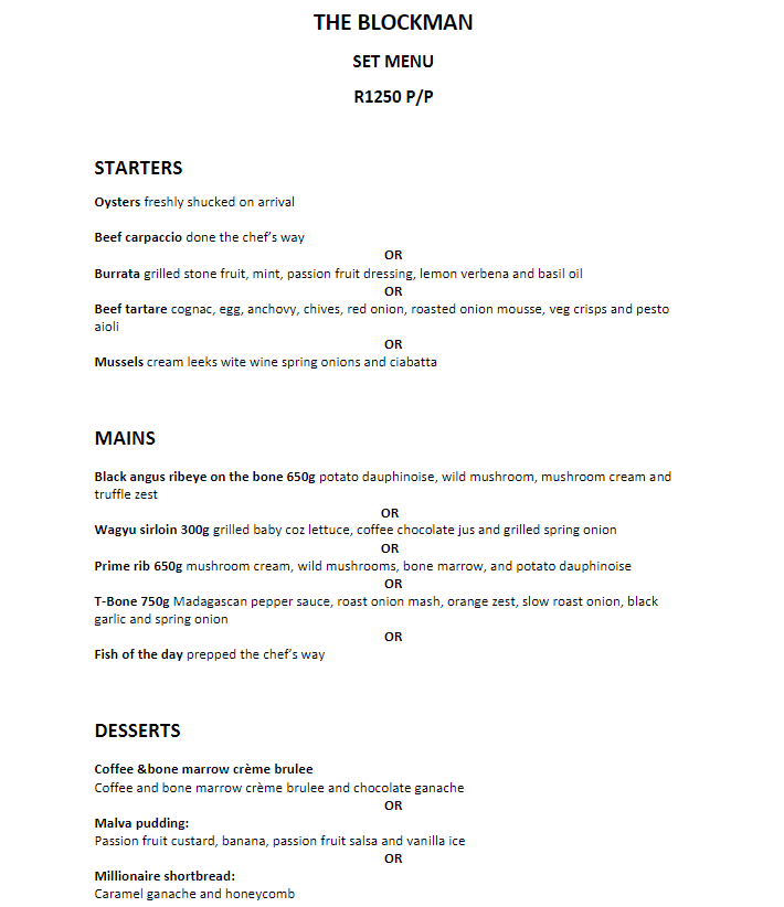 The Blockman Set Menu 3 – R1250 P/P Menu 