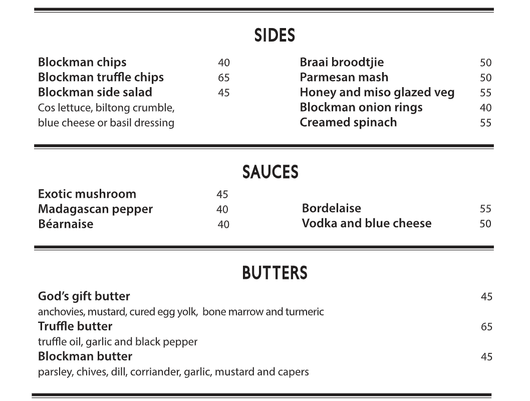 The Blockman Sides, Sauces & Butters Menu 