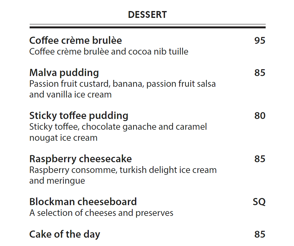 The Blockman The Blockman Desserts Menu 