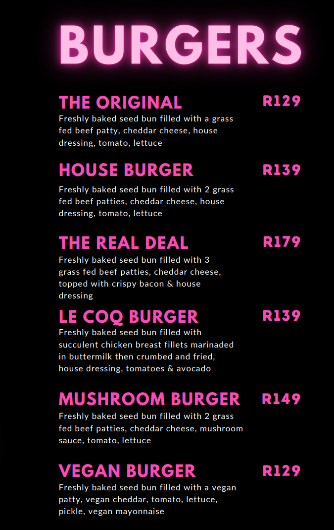 The Shed Burgers Menu