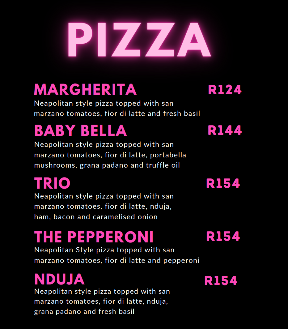 The Shed Pizzas Menu