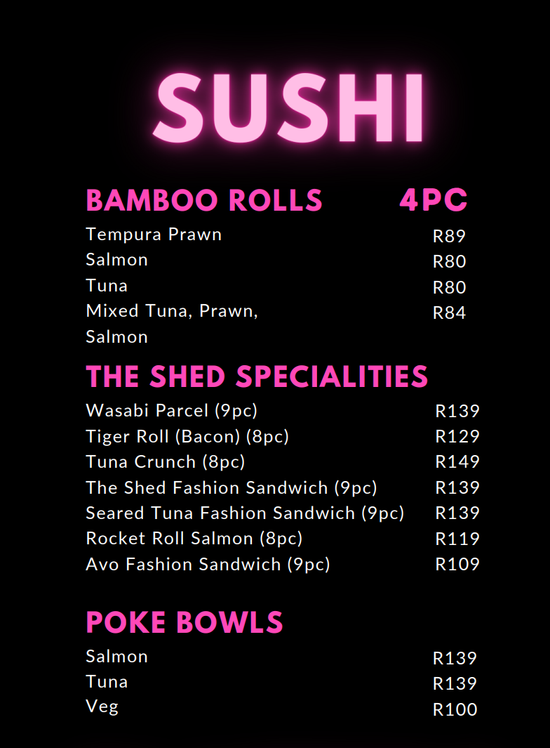 The Shed Sushi Menu