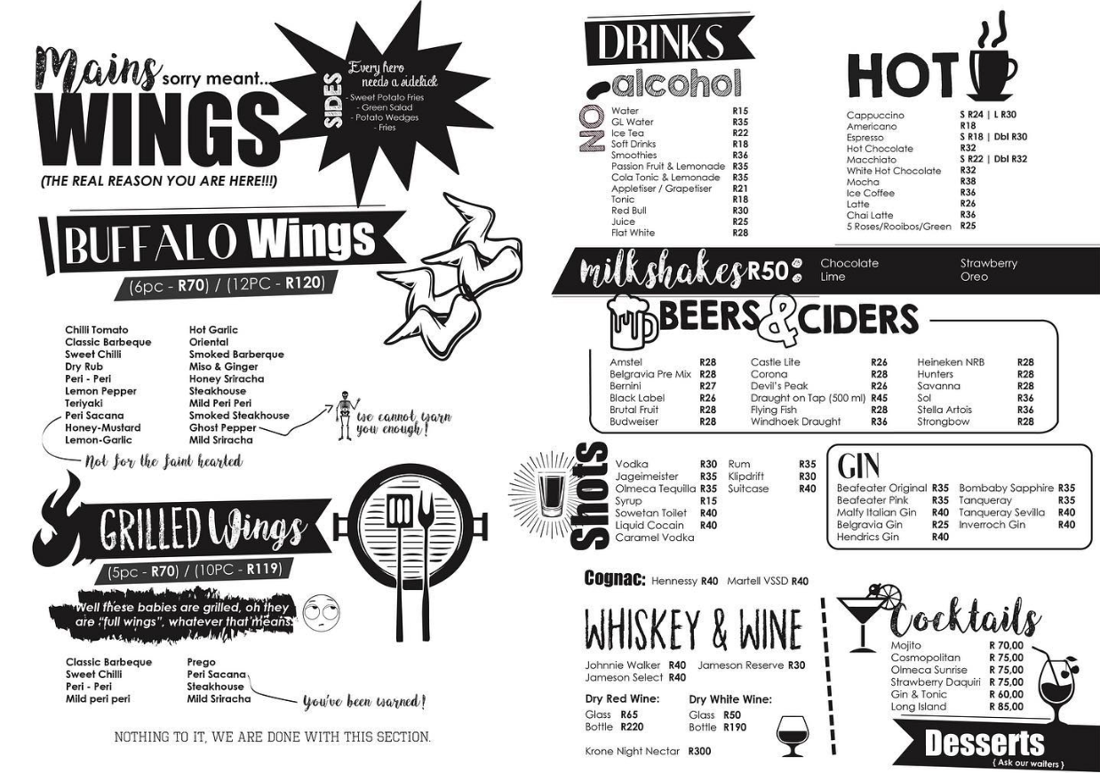 The Wing Republic Menu South Africa