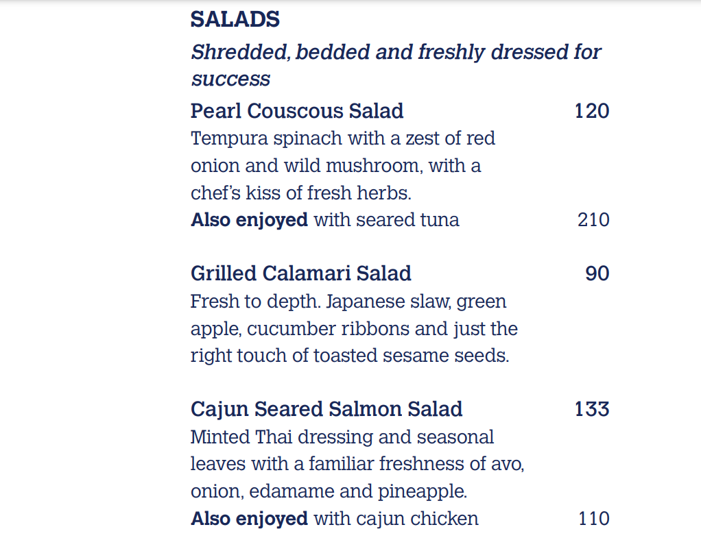 Tightline Salta Salads Menu 