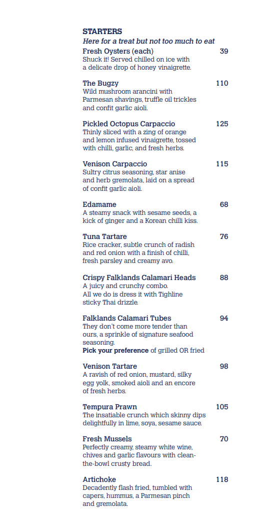 Tightline Salta Starters Menu 