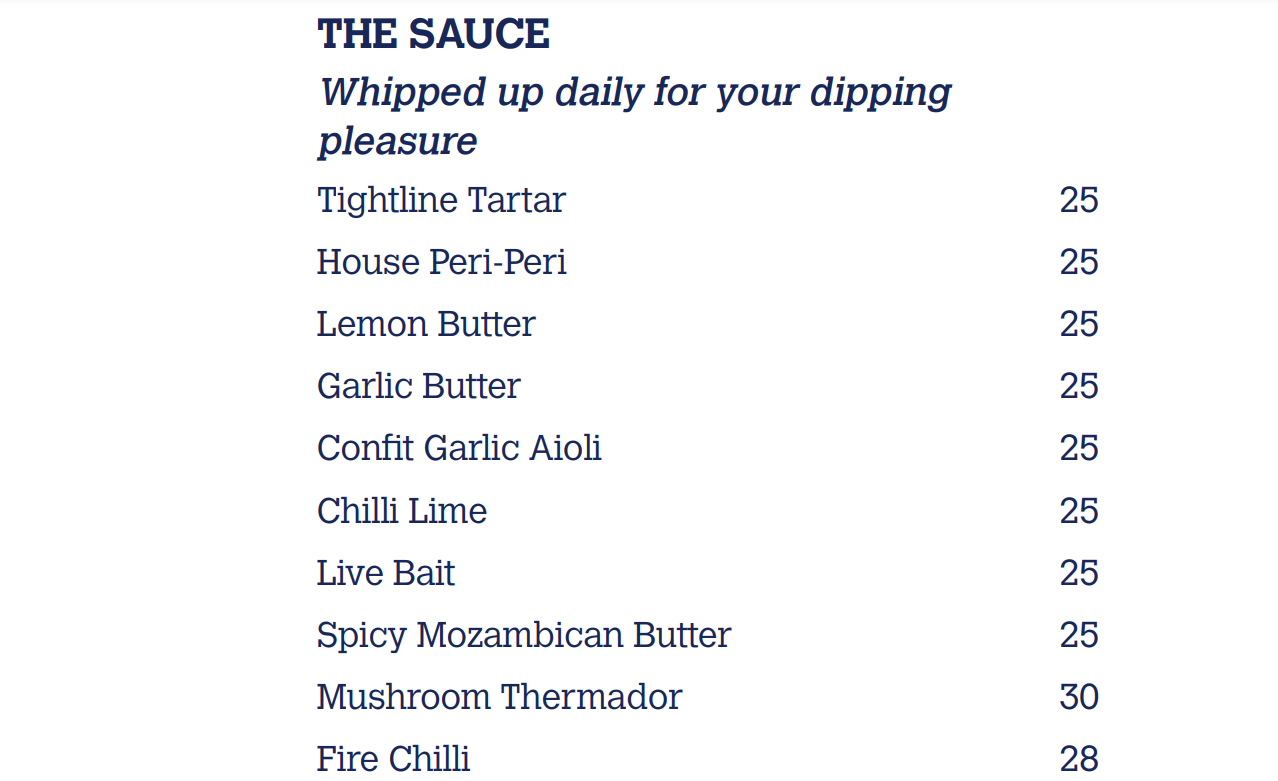 Tightline Salta The Sauce Menu 