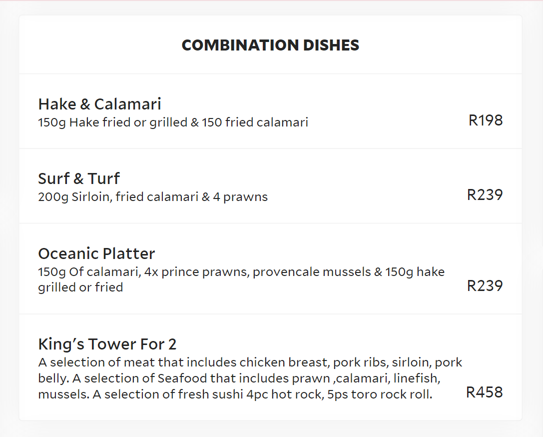 Toro Sushi, Teppanyaki & Seafood Combination Dishes Menu South Africa