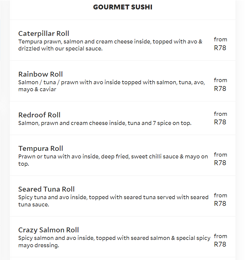 Toro Sushi, Teppanyaki & Seafood Gourmet Sushi Menu South Africa