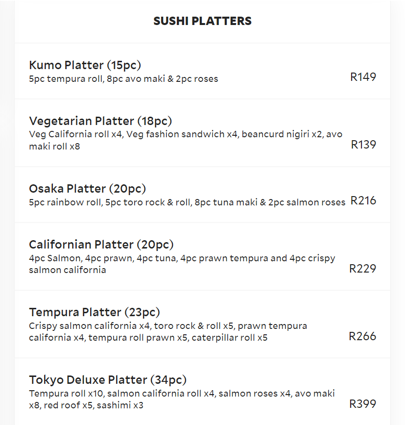 Toro Sushi, Teppanyaki & Seafood Sushi Platters Menu South Africa