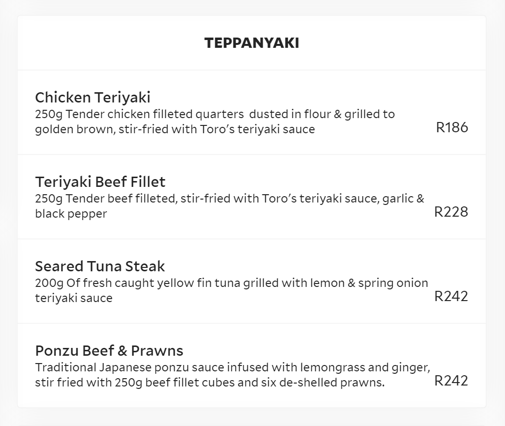 Toro Sushi, Teppanyaki & Seafood Teppanyaki Menu South Africa