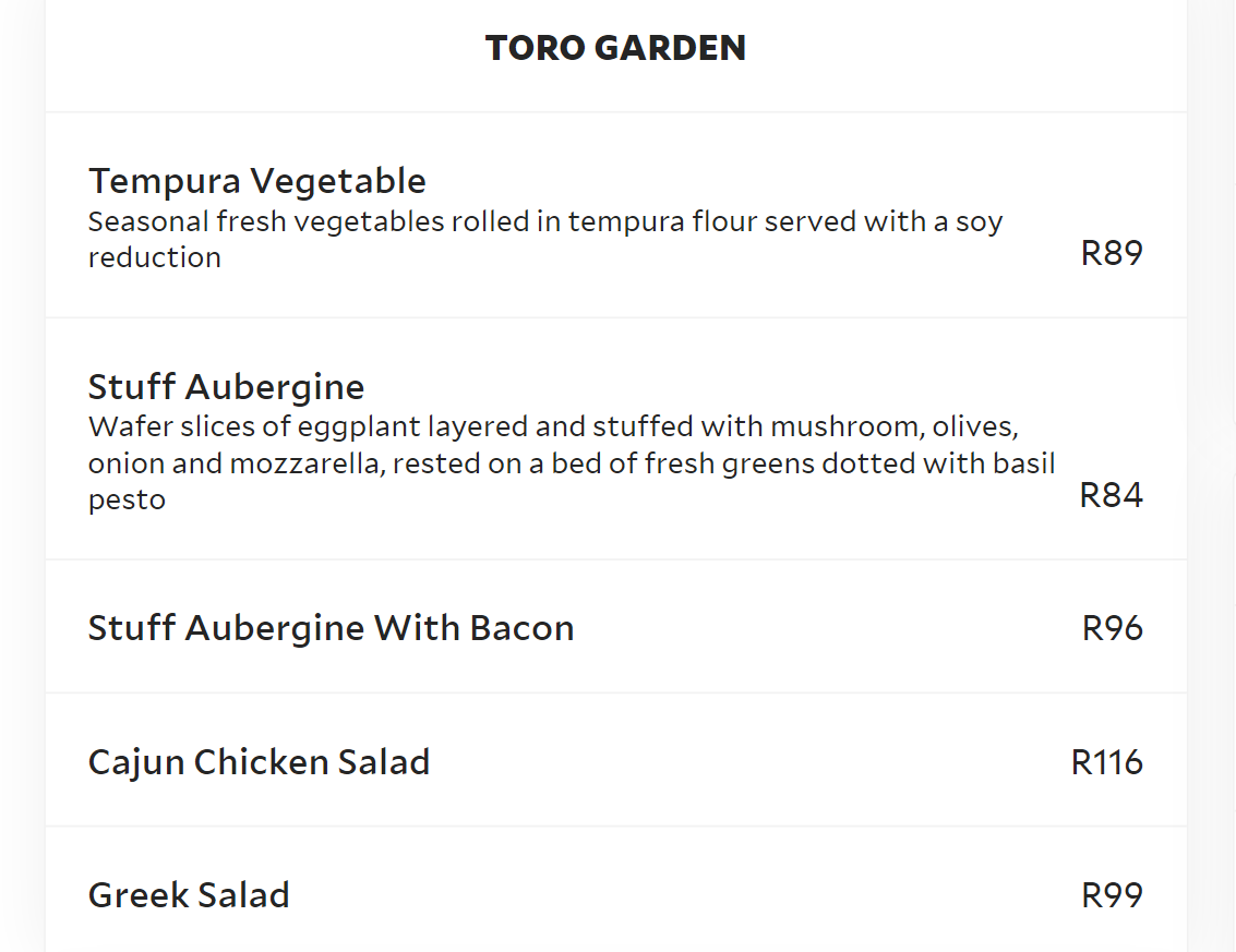 Toro Sushi, Teppanyaki & Seafood Toro Garden Menu South Africa