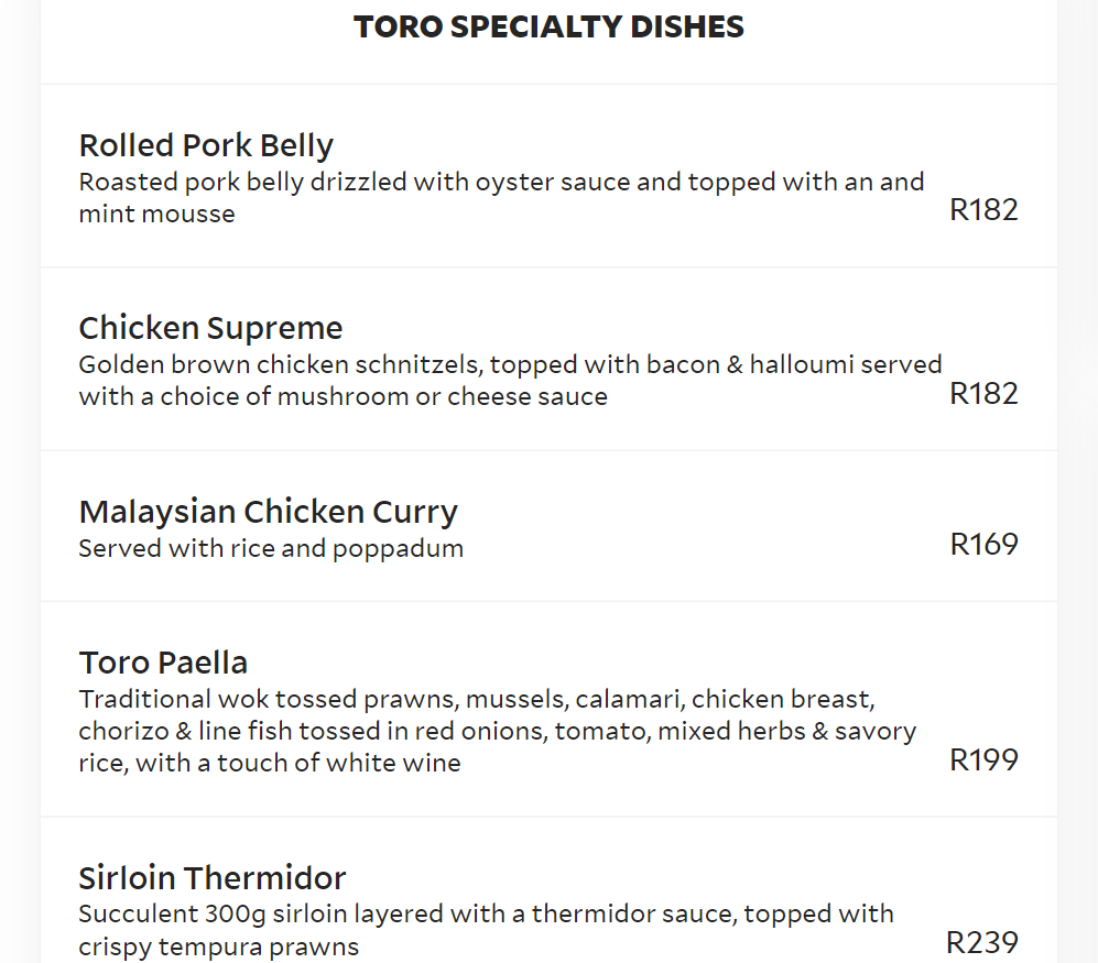 Toro Sushi, Teppanyaki & Seafood Toro Specialty Dishes Menu South Africa