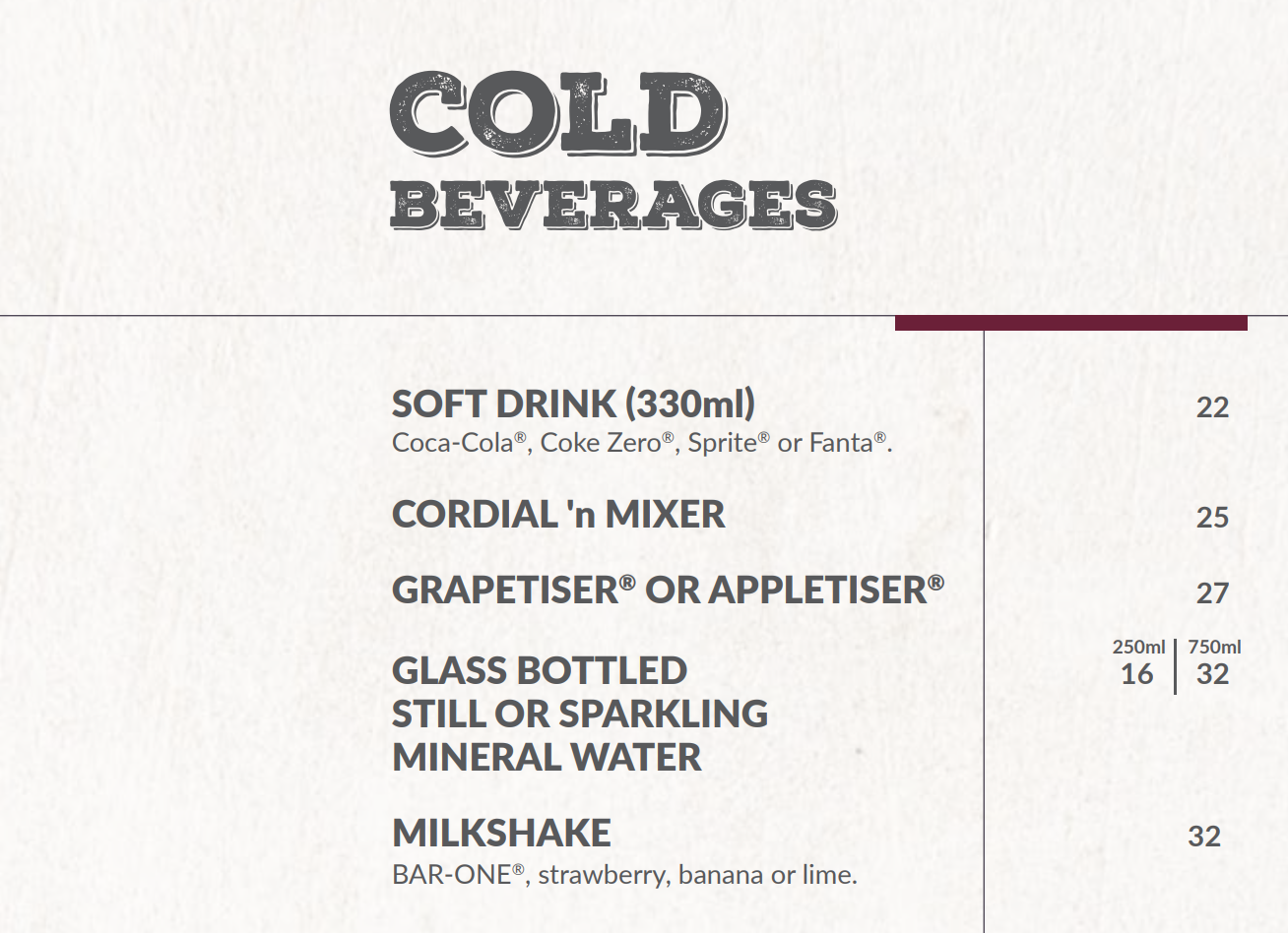 Turn and Tender Cold Beverages Menu 