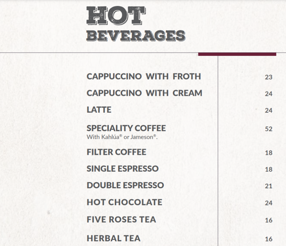 Turn and Tender Hot Beverages Menu 