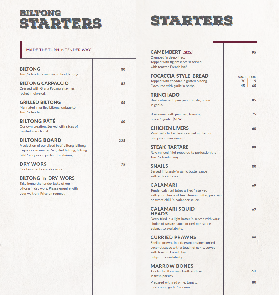 Turn and Tender Starters Menu